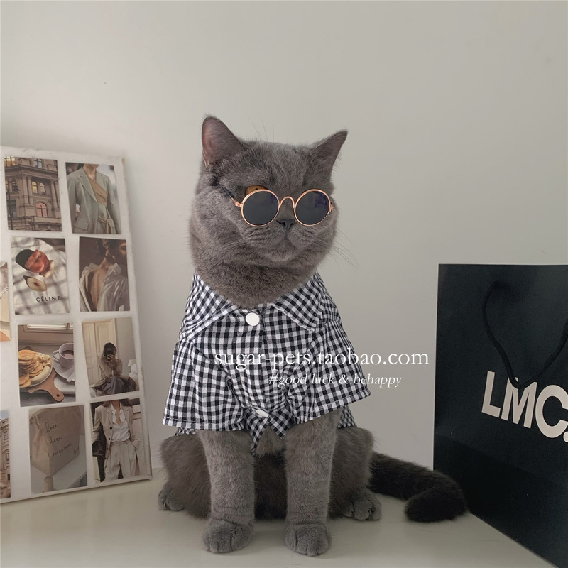 Pet Clothes Spring and Summer Thin Anti-Shedding Dog and Cat Plaid Shirt British Shorthair Blue Cat Silver Shaded Shirt Summer Wear