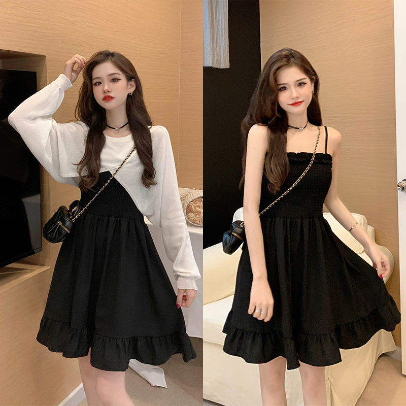 French-Style Minimalist Slim-Fit Spaghetti Strap Dress for Women, 2026 Spring and Autumn Irregular Long-Sleeve Blouse Two-Piece Set