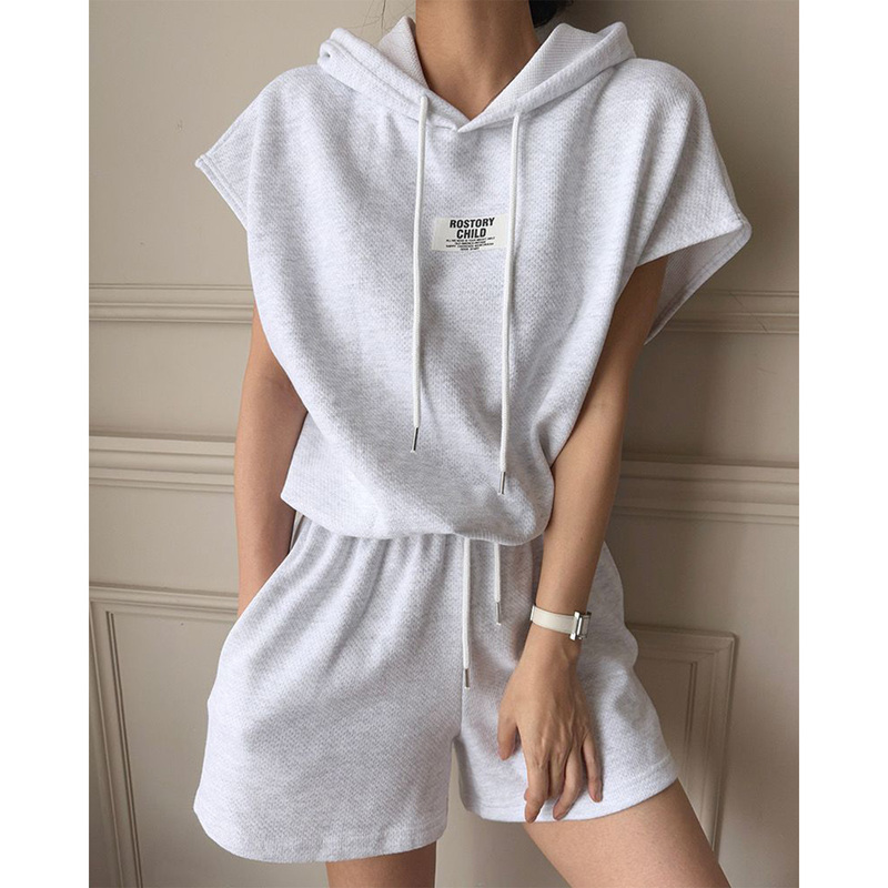 Hong Kong Style Simple Letter Drawstring Hooded Sweatshirt Wide-Leg Shorts Two-Piece Set for Women Summer Fashion Casual Sports Suit