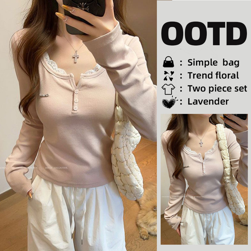 Hot Girl Petite Pink Lace Patchwork Long-Sleeve T-Shirt Base Shirt for Women Early Spring New Slim-Fit Top