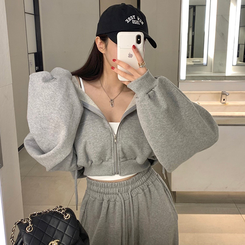 Spring and Autumn Hooded Long-Sleeved Short Sweatshirt + High-Waisted Tie Versatile Wide-Leg Pants Casual Pants Sports Suit Two-Piece Set