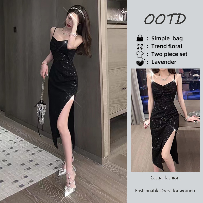 French-Style Light Luxury Hepburn-Style Black Slit Slip Dress for Women, Summer 2026, Shiny and Slim-Fitting Long Dress