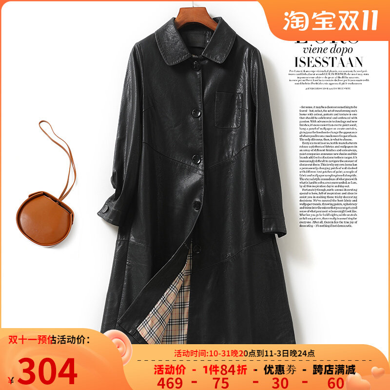 Sheepskin jacket women's mid-length black plus size women's leather jacket 2022 autumn and winter new single-layer leather Haining genuine leather