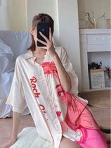 Japanese summer 2021 New nightdress womens ice silk shirt dress thin cartoon silk skirt short sleeve pajamas