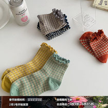 lolita retro girl plaid wooden ear socks Japanese color contrast all-match college style jk cute mid-tube socks