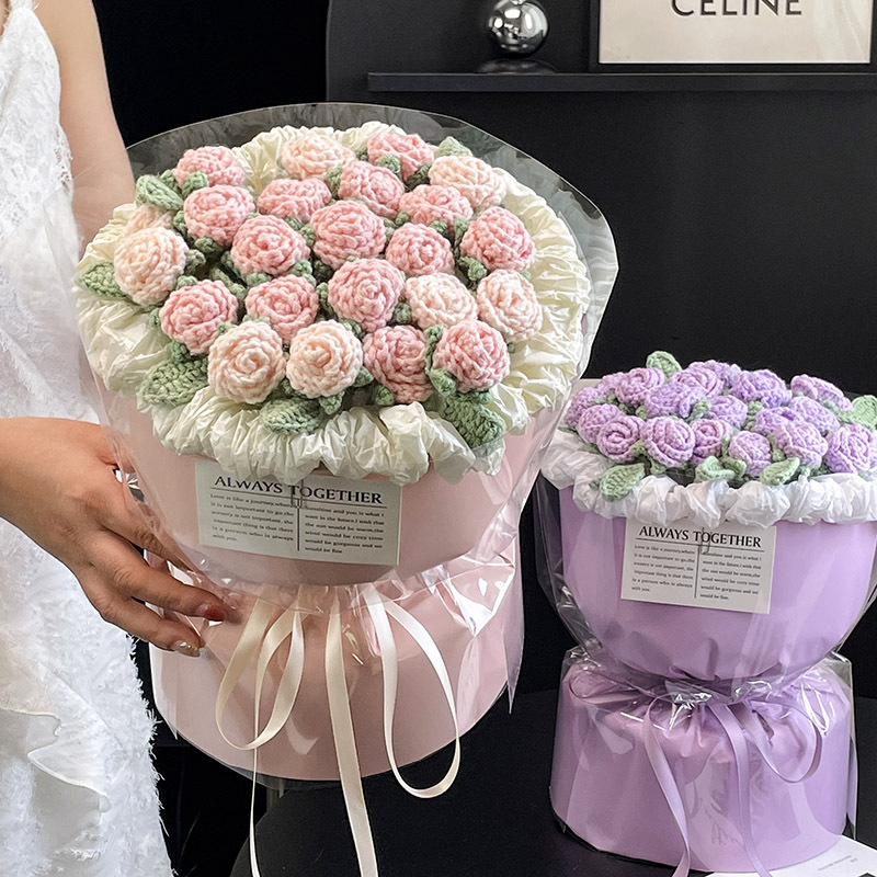 Birthday Gift Knitted Multi-Headed Bubble Roses Handmade Yarn Finished Bouquet for Girlfriend, Best Friend, Engagement, Wedding