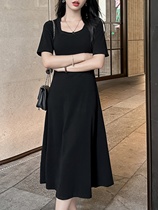 French Square Neck Slim Dress Womens 2024 Summer New Waist A-Line Skirt Slim Mid-Length Elegant Long Skirt
