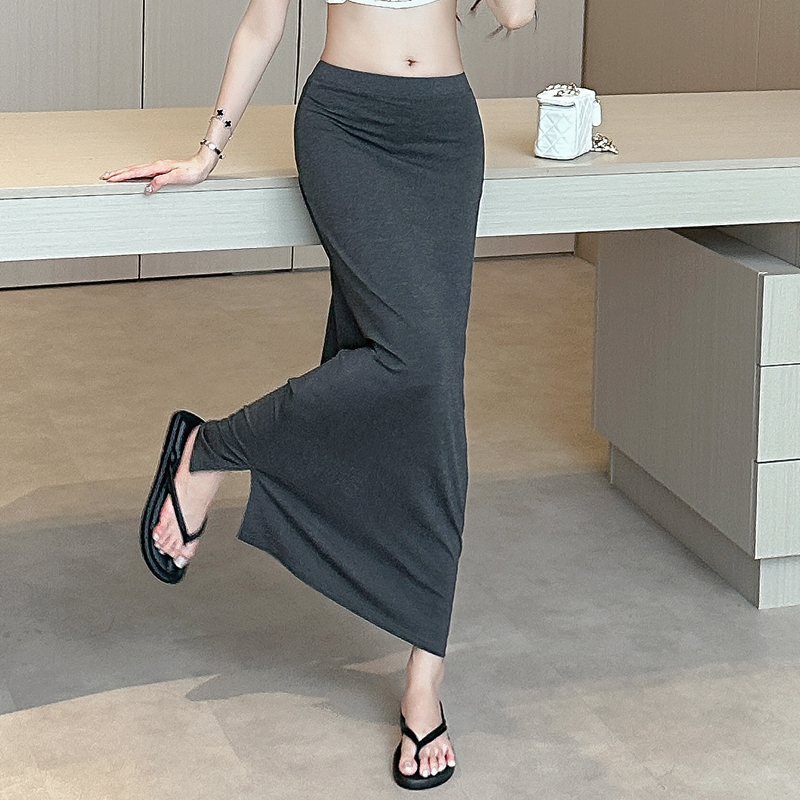 Dark Gray Modal Drapey Slimming Long Skirt for Women, Summer Thin Straight-Cut Versatile Side-Slit Long Skirt Dark Gray Modal Drapey Slimming Long Skirt for Women, Summer Thin Straight-Cut Versatile Side-Slit Long Skirt