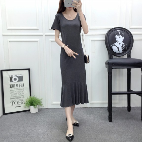 Váy cổ tròn tay ngắn mùa hè mới của phụ nữ dài váy đuôi cá thon dài váy mỏng là váy xù cỡ lớn - Váy dài váy 2 dây dáng dài