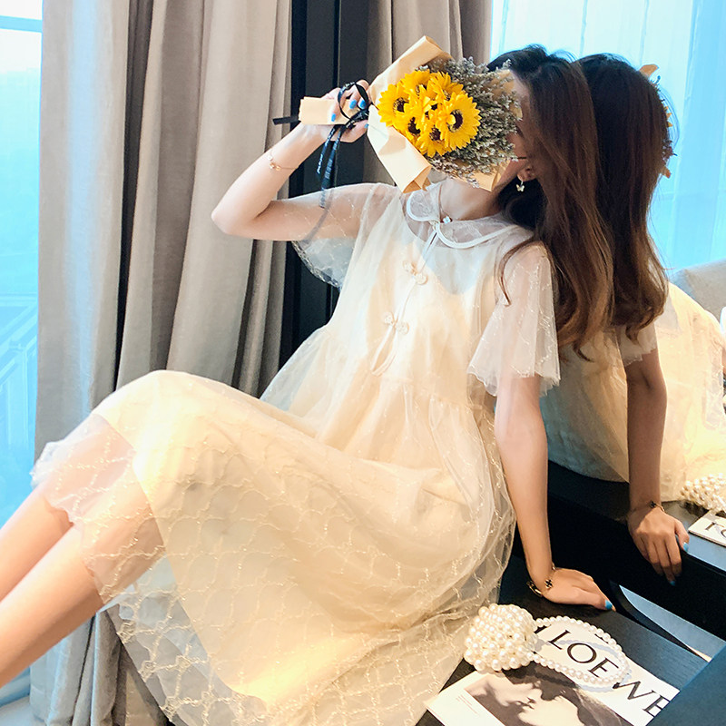 Korean Version Gestational Woman Dress Large Size Summer Net Yarn Lace Harness Foreign Dress Fat Mm Medium Long Version Suit Short Sleeve Dress Thin