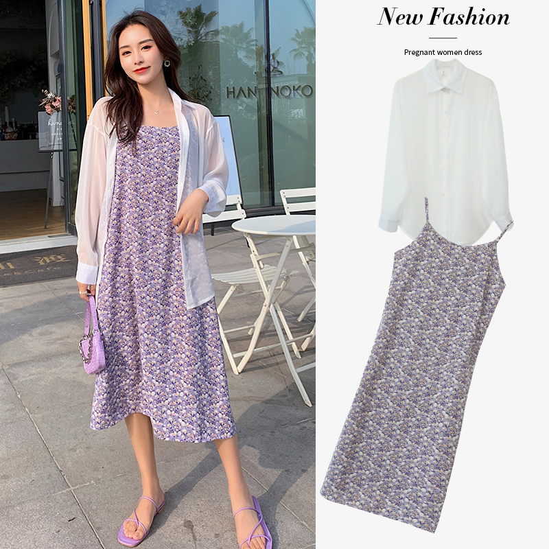 Korean maternity dress 2021 summer thin section net red fashion mid-length suspender dress sunscreen shirt two-piece set tide
