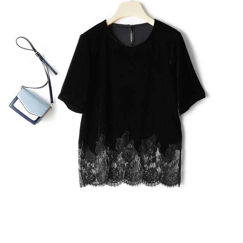 Velvet Stylish Slim-Fit Lace-Trimmed Women's T-Shirt Sexy Shirt Mid-Sleeve Top 2026 Early Autumn