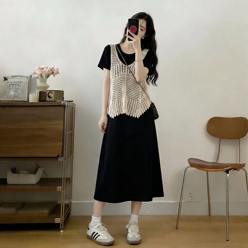 Black Off-Shoulder Dress for Women 2026 New Summer Plus Size Bohemian Layered Vest Two-Piece Dress Set Black Off-Shoulder Dress for Women 2026 New Summer Plus Size Bohemian Layered Vest Two-Piece Dress Set