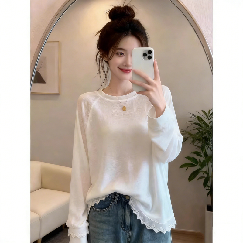 White Lace Hem Thin Long-Sleeve T-Shirt for Women 2026 New Spring/Summer Plus Size Fat mm Regular Shoulder Super Pretty Top