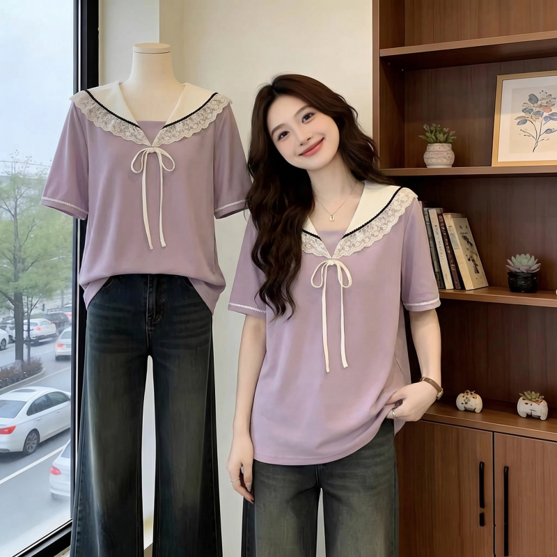 Purple Lace-Trimmed Sailor Collar Short-Sleeve T-Shirt for Women 2026 New Summer Plus Size Fat mm Regular Shoulder College Style Top