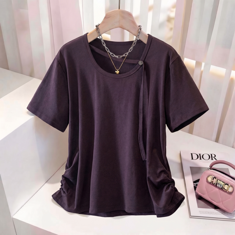 Purple Halter Neck Short-Sleeve T-Shirt for Women, 2026 New Summer Style, Plus Size, Slimming Waist, High-End Feel Top