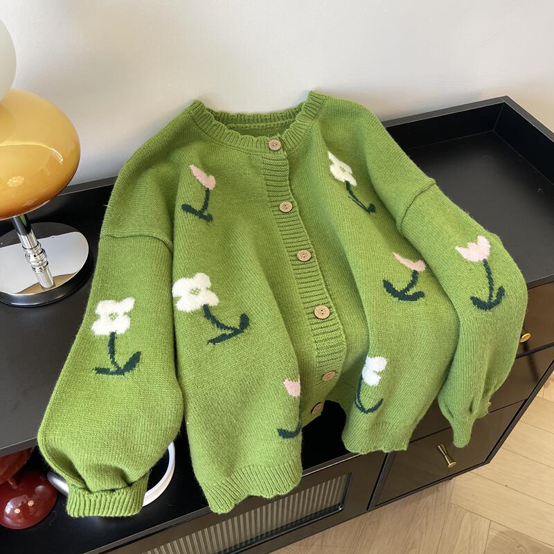 Forest-Style Green Floral Sweater Coat for Women 2026 Early Spring Plus Size Slimming Mid-Length Knitted Cardigan Top