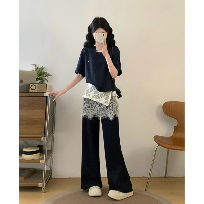 Plus-Size Women's Clothing, Super Stylish Dark Blue Pants Set, 2026 Hot Summer Two-Piece Outfit