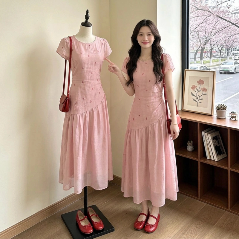 French-Style Beautiful Pink Dress for Women 2026 New Summer Plus Size Fat mm Dress with Waist-Cinching Design, Slimming and High-End Long Dress