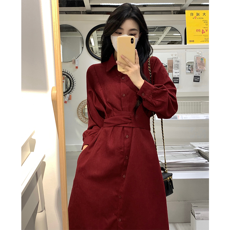 Красная юбка-рубашка на талии с длинными рукавами, женское осеннее платье 2025, новинка, большой размер, толстая, тонкая, французская длинная юбка