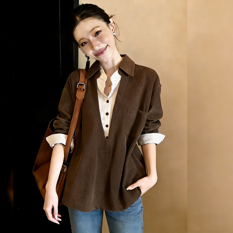 Melard Coffee-Colored Fake Two-Piece Shirt for Women 2026 This Year's Popular New Style Autumn Plus Size Long-Sleeved Top