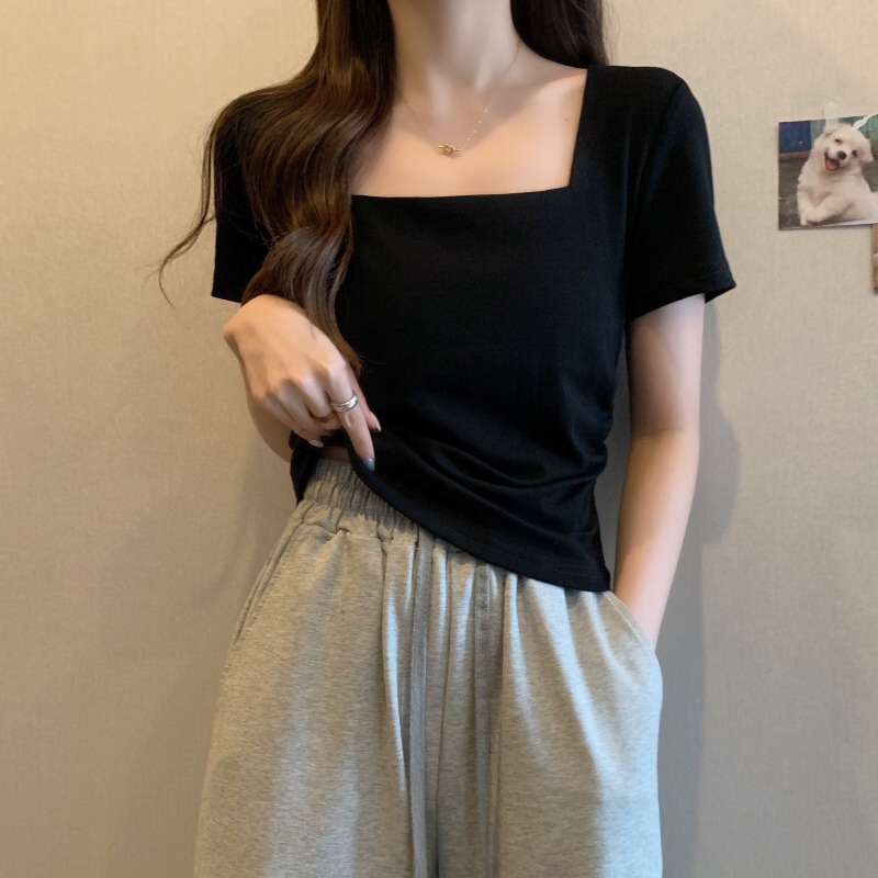 French-Style Square-Neck Black Short-Sleeve T-Shirt for Women, Summer Plus-Size, Slimming Short Top, Regular Shoulder Top