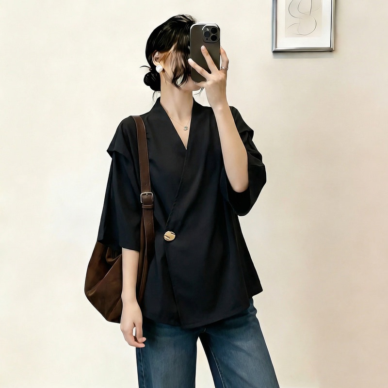 Black V-Neck Regular Shoulder Short-Sleeve Shirt for Women 2026 New Summer Plus Size Slimming Irregular Top Black V-Neck Regular Shoulder Short-Sleeve Shirt for Women 2026 New Summer Plus Size Slimming Irregular Top