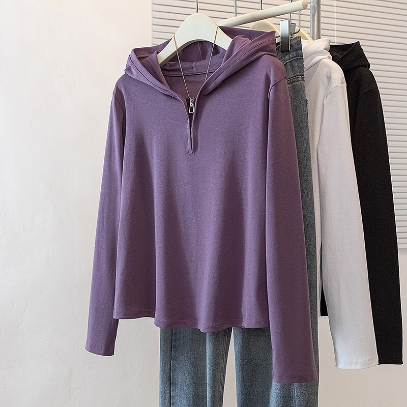 Purple Hooded Long-Sleeve T-Shirt for Women, 2026 New Early Spring Plus-Size Slimming Hooded Base Layer Top