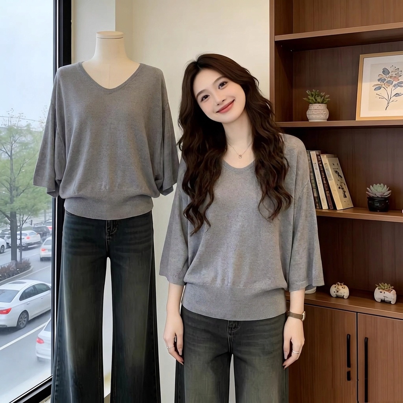 Gray Batwing Sleeve Ice Silk Thin Half-Sleeve T-Shirt for Women 2026 New Summer Plus Size Fat mm Belly-Covering Slimming Top Gray Batwing Sleeve Ice Silk Thin Half-Sleeve T-Shirt for Women 2026 New Summer Plus Size Fat mm Belly-Covering Slimming Top