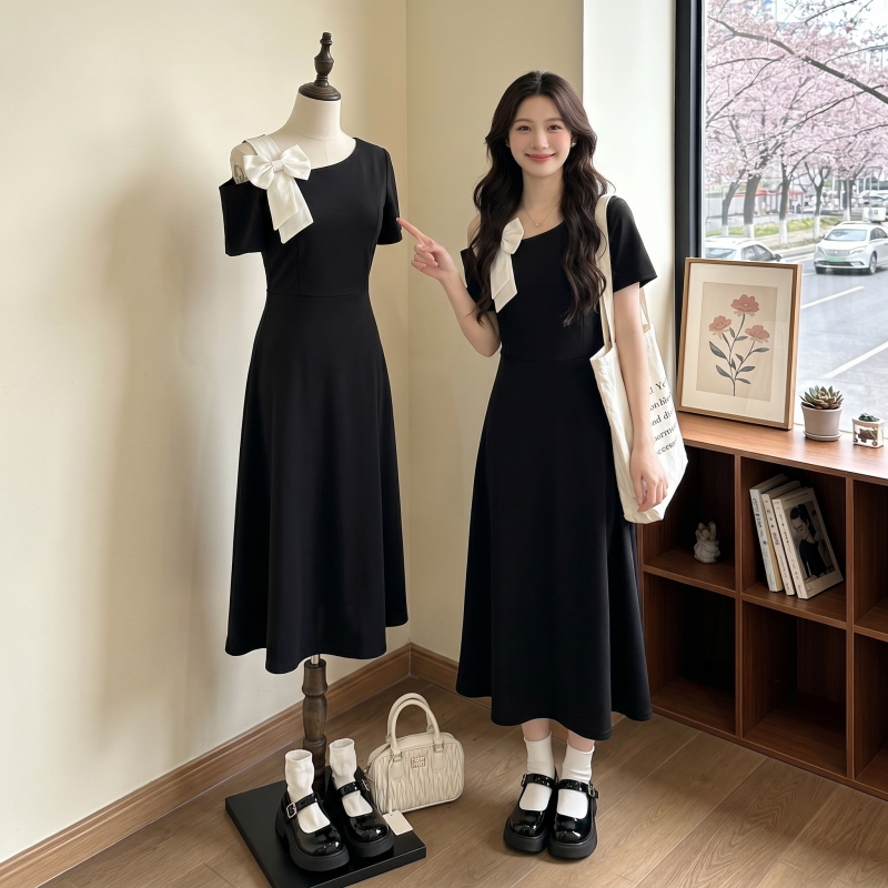 Bow-Tie Off-Shoulder Asymmetrical Black Dress for Women 2026 New Summer Plus Size Slimming and Flattering Dress