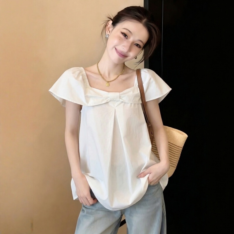 White Square-Neck Bow Short-Sleeve Shirt for Women 2026 New Summer Plus Size Fat mm Off-Shoulder Babydoll Top