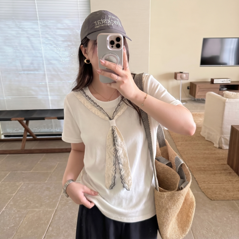 White Faux Two-Piece Lace Shawl Short-Sleeve T-Shirt for Women, 2026 New Summer Style, Plus-Size, Cinched Waist Top