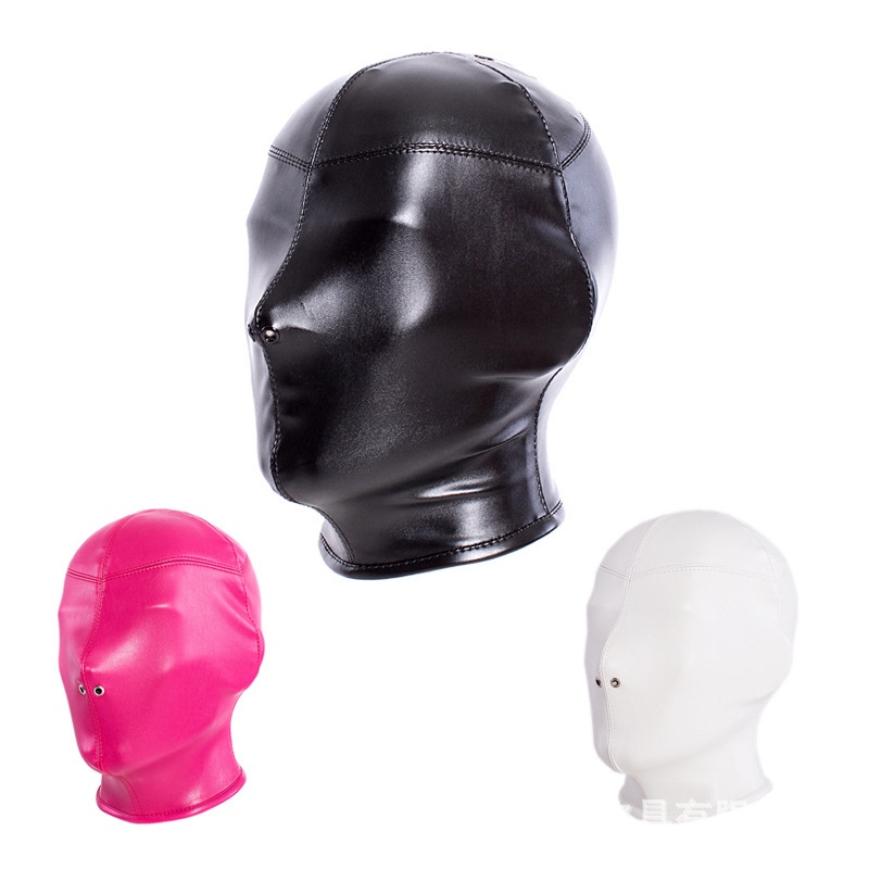 Black Soft Pu Full-Face Mask with Nose Vents, Lace-Up, Zipper, and Hood for Performance, Leather Photography, Makeup, and Cool Styling