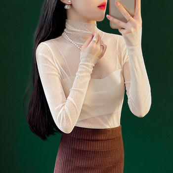 Turtleneck lace bottoming top women's transparent mesh top