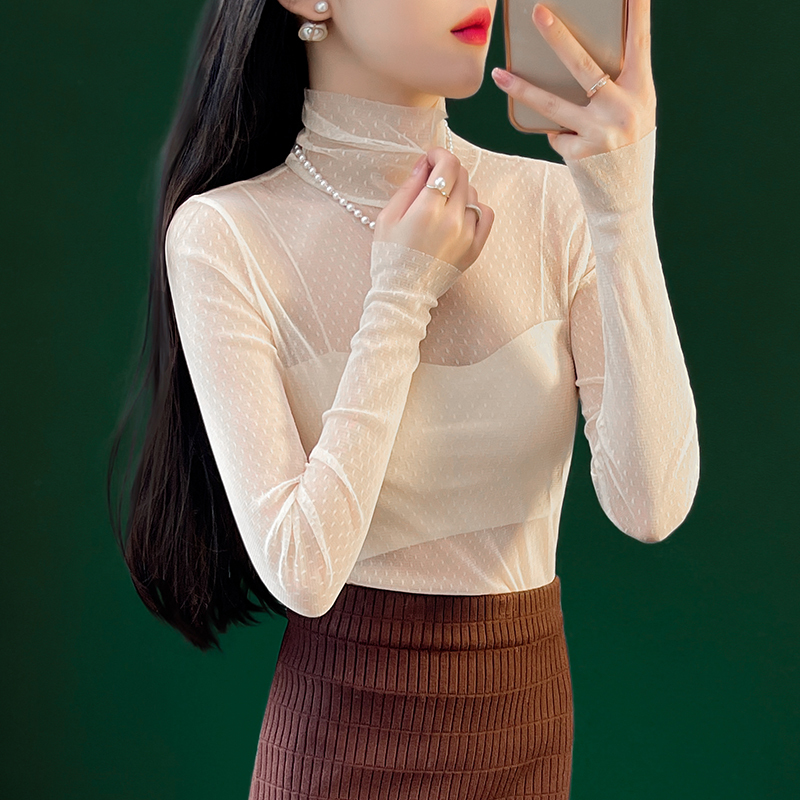 High-Neck Lace Base Shirt for Women, New Spring and Autumn Style, Inner Layer, Transparent Thin Long-Sleeve Sun Protection Mesh Top T-Shirt High-Neck Lace Base Shirt for Women, New Spring and Autumn Style, Inner Layer, Transparent Thin Long-Sleeve Sun Protection Mesh Top T-Shirt