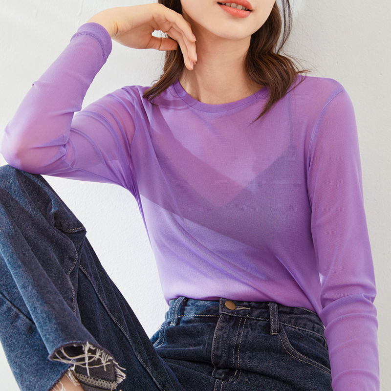 Purple Thin Ice Silk Sun Protection Shirt for Women, New Summer Pullover, Slightly See-Through Gauze Shirt, Long-Sleeved Mesh Top