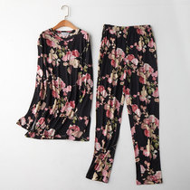 Spring and Autumn Knitted Silk Pajamas Set Two-piece Womens Printed Long Sleeve Pants Split Round Neck Home Clothes