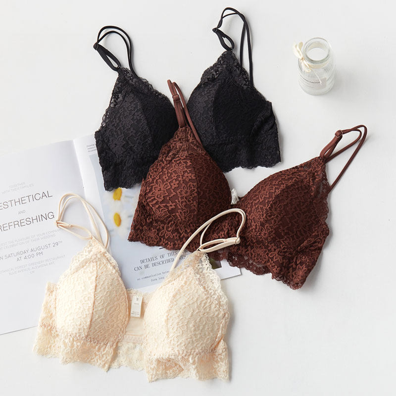 Front button silk bra sexy lace no steel ring beautiful back bra black french triangle cup bra silk bra