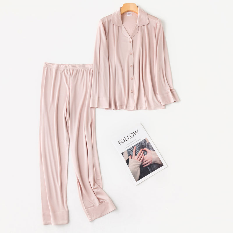 Silk Pyjama hai mảnh bộ womens dài tay cardigan nhà mặc một trung niên lỏng quần lụa mùa thu váy mùa thu sóng.