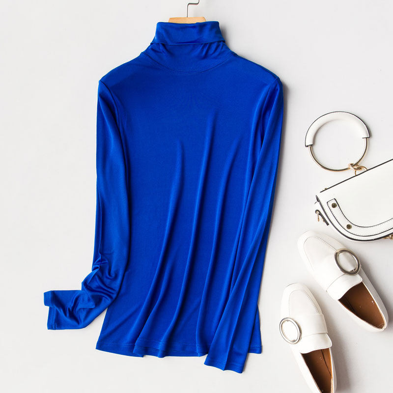 Mulberry Silk T-shirt Lady High Collar Long Sleeve T-shirt Black Large Size Elastic Genuine Silk Knit Cardiovert Jacket Head Jacket Tide