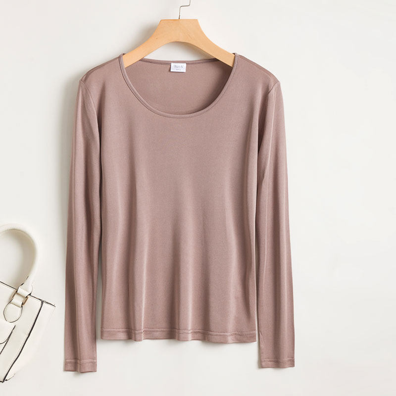 Double knit plain silk long-sleeved white T-shirt women's mulberry silk round neck large size bottoming shirt pullover top