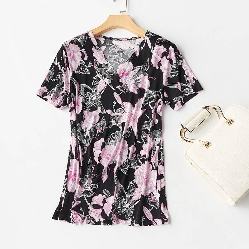 Silk V-Neck Short Sleeve T-Shirt Mulberry Silk Knit Bottoming Shirt Large Size 4XL Printed Half Sleeve Shirt Loose Mommy Wear