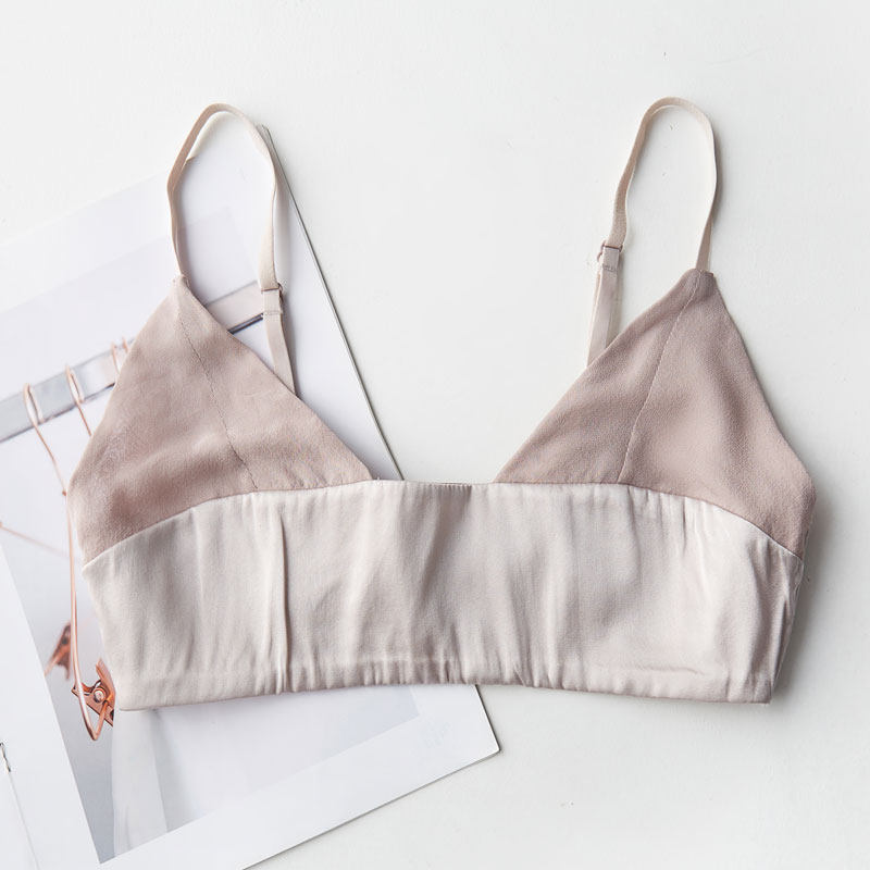 Face-like Real Silk Anti-Bump Triangle Cup Bra Sexy Thin no sponge bra elastic satin big chest display small underwear