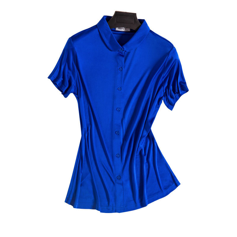 Europe station silk knitted short-sleeved T-shirt women's solid color small lapel loose mulberry silk shirt mother's top