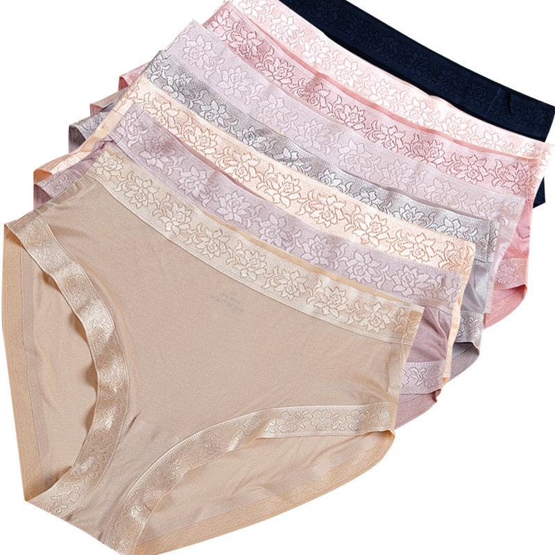 Lady Genuine Silk Briefs 42 Needle Hot Melt Mid Waist Sexy Antibacterial Triangle Pants One Piece Lace Bag Hip Shorts Safety Pants