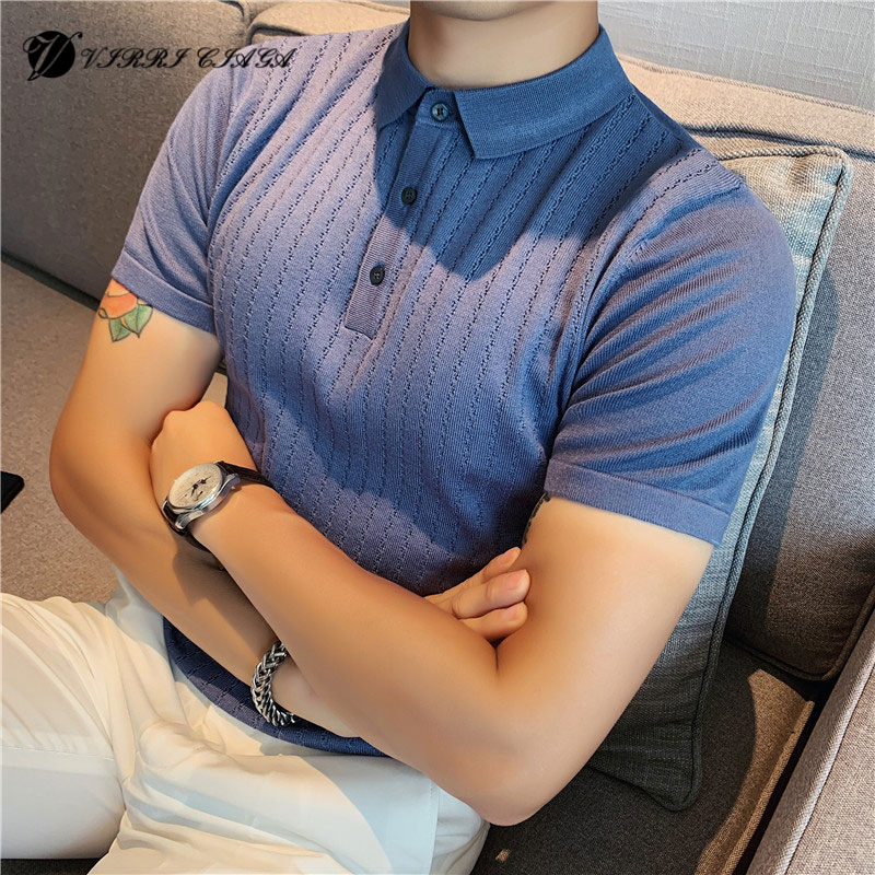 Lapel striped polo shirt men's tide brand Korean version of the slim hollow ice silk knitted sweater men's short-sleeved t-shirt thin summer