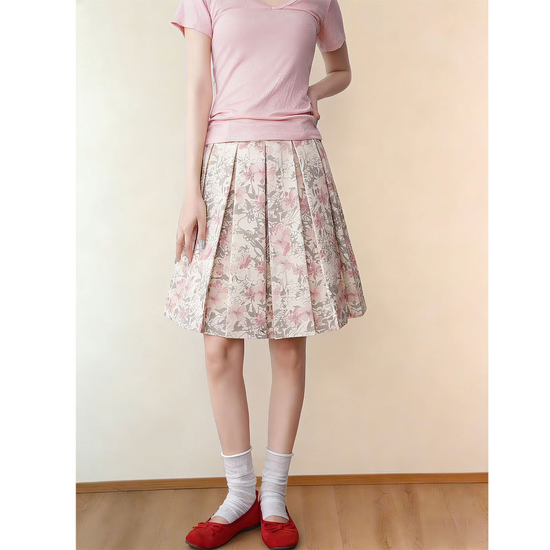 Plus-Size Floral Miu-Style Pleated Skirt for Women, Summer High-Waisted Mid-Length Skirt with Printed A-Line Design, Miu-Style Half Skirt