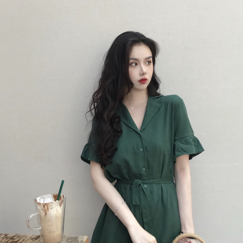 VK旗艦店 韓國風復古花邊袖西裝領短袖洋裝