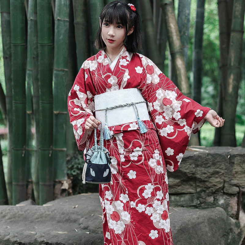現貨紅色和服日本和服浴衣女花火大會正裝櫻花柄純棉和服套 現貨紅色和服日本和服浴衣女花火大會正裝櫻花柄純棉和服套