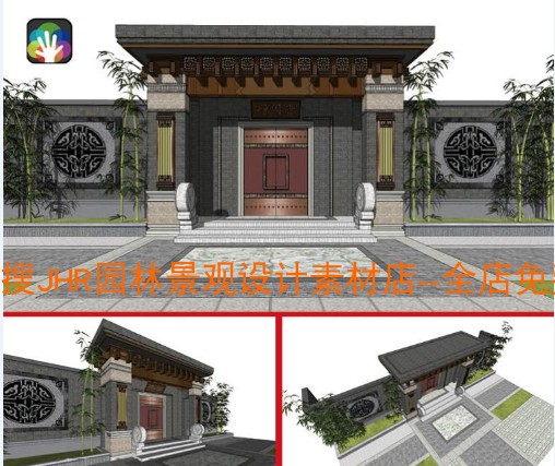 T449新中式新亚洲小区大门入口门岗su建筑模型sketchup景观围墙-5